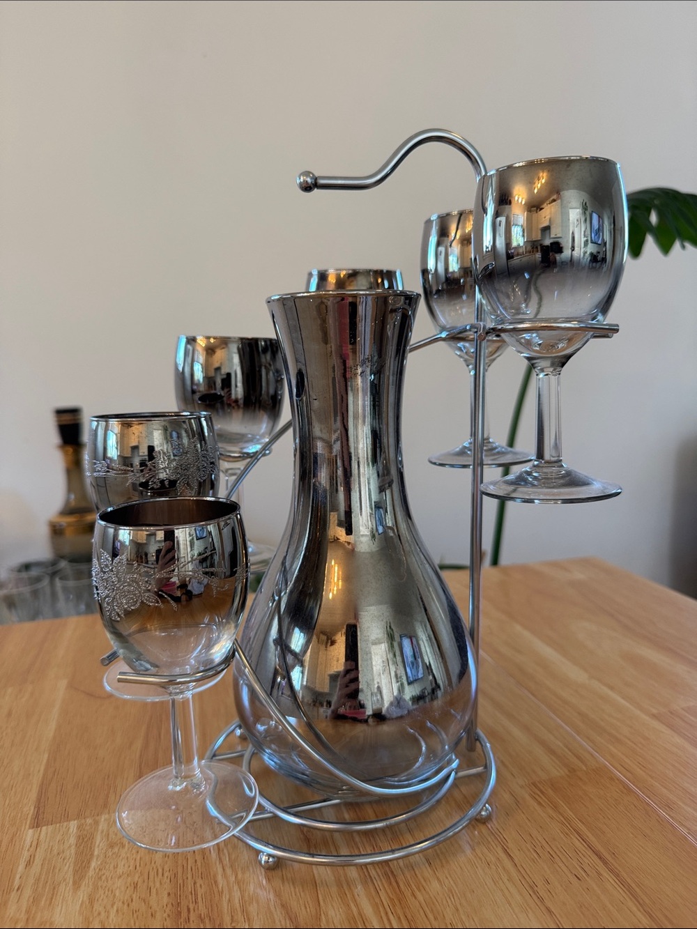 Vintage 1960s MCM Silver Fade Decanter & Wine Glass Set